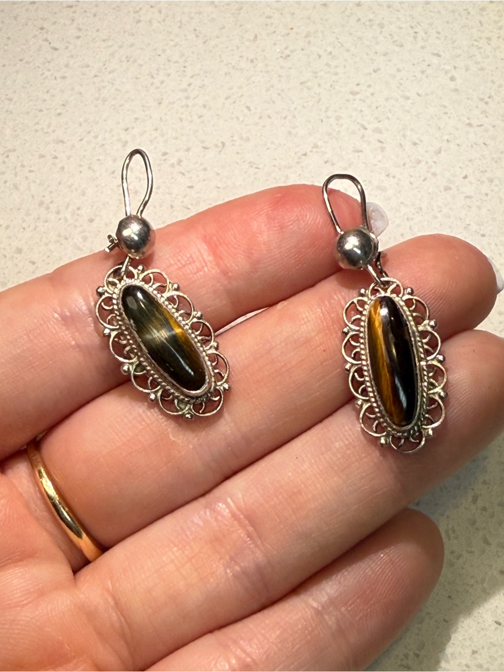 Vintage 925 Sterling Silver Filigree Drop Earrings with Brown Tiger's Eye
